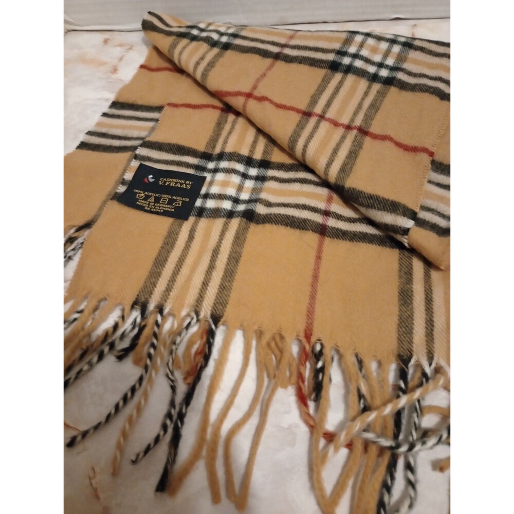 Cashmink V Fraas Germany Scarf Tan Red Black Plaid Acrylic Tartan Unisex